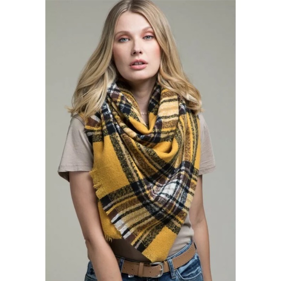 SOLD OUT Mustard Glen Plaid Square Blanket Scarf - Picture 4 of 4